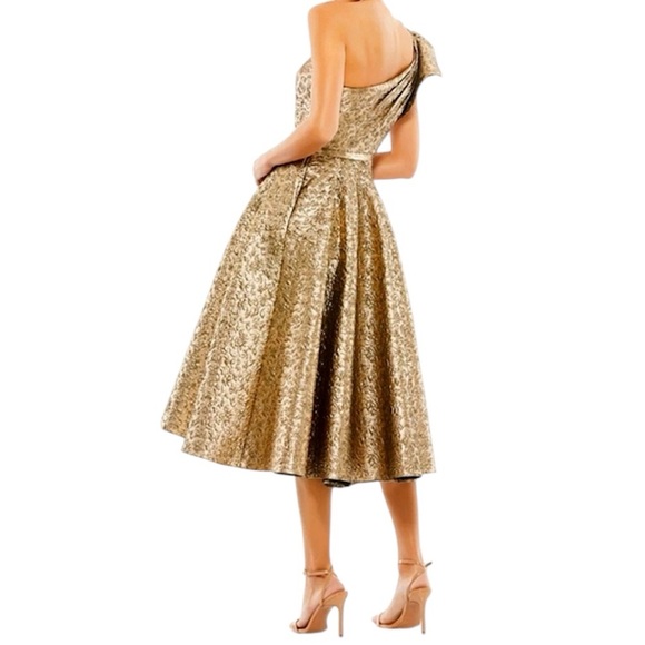 Mac Duggal One Shoulder Bow Midi Dress in Antique Bronze NWT - Picture 3 of 5